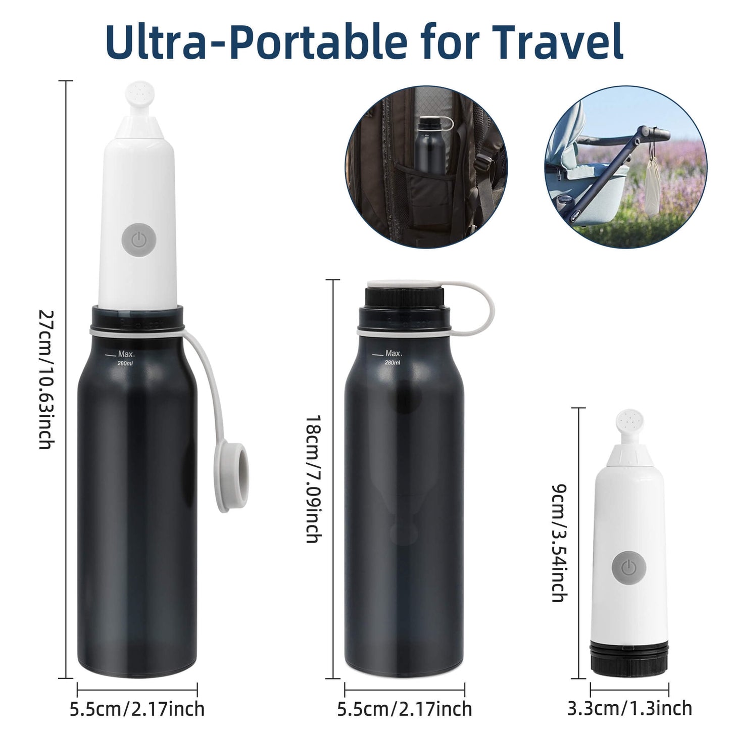 CreWear Portable Bidet for Travel, 280ML Large Capacity Rechargeable Handheld Personal Travel Bidet for Women Men Cleaning, Black