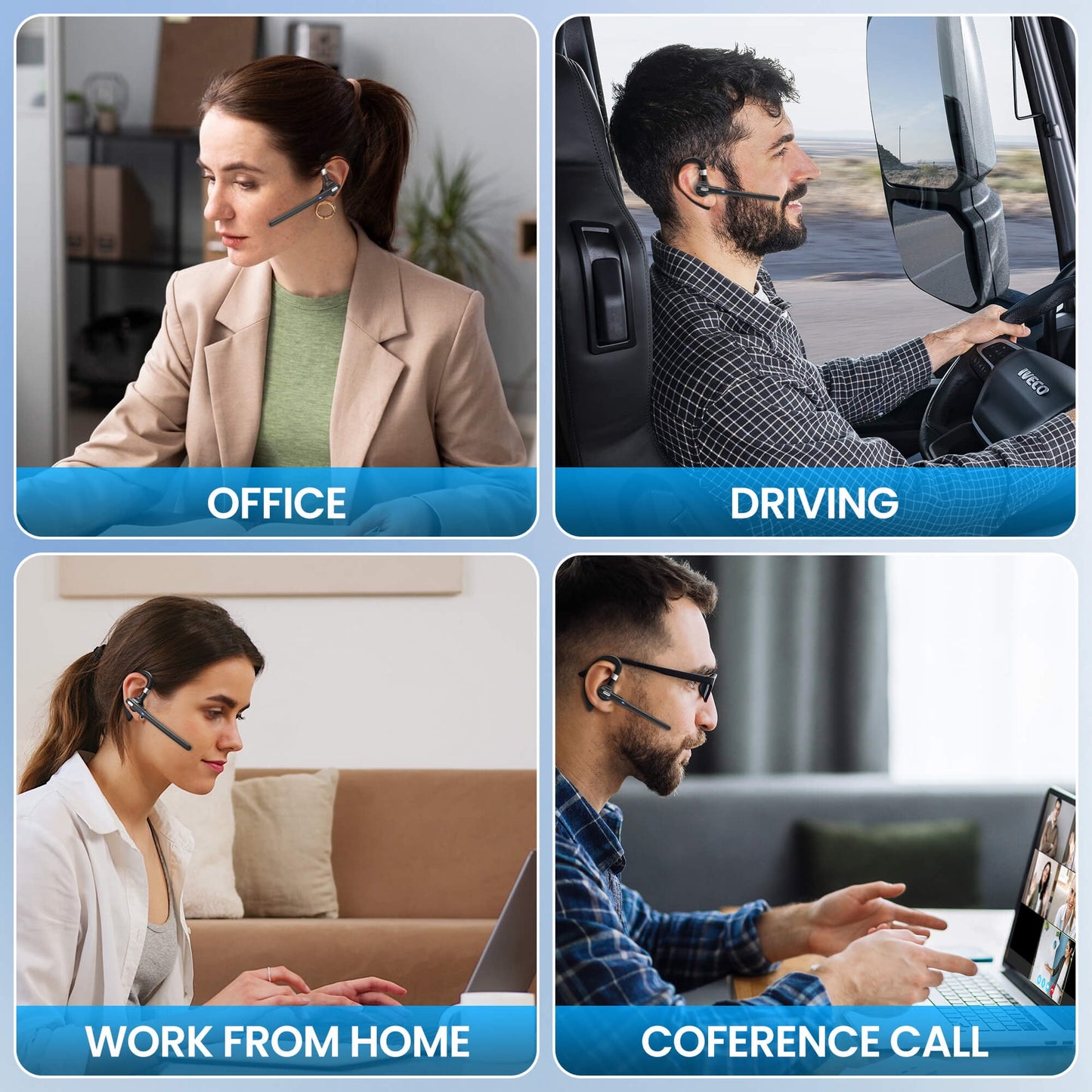 CreWear Bluetooth Headset, Wireless Bluetooth Earpiece with 500mAh Charging Case, Hand-Free Noise Canceling Headphones for Computer Trucker Office
