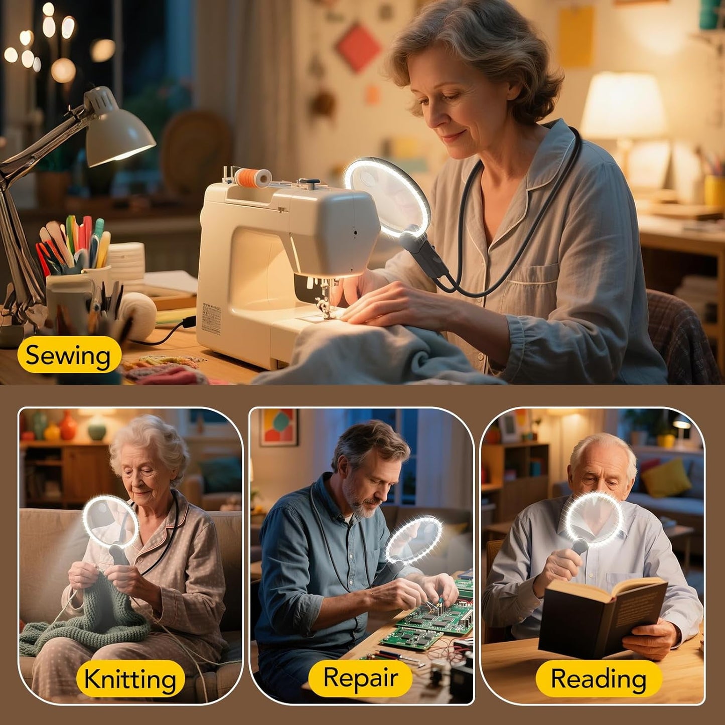 Hands Free Magnifying Glass with Light for Close Work, Reading, Sewing, Knitting, Magnifier for Seniors & Low Vision