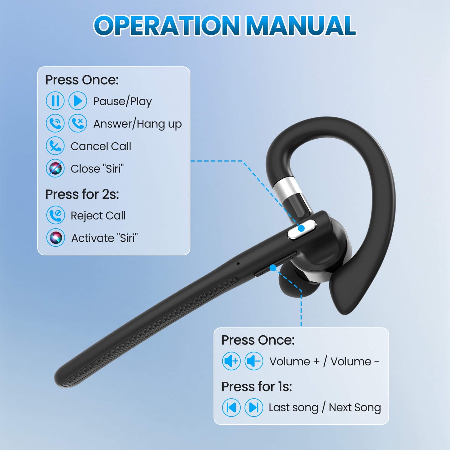 CreWear Bluetooth Headset, Wireless Bluetooth Earpiece with 500mAh Charging Case, Hand-Free Noise Canceling Headphones for Computer Trucker Office