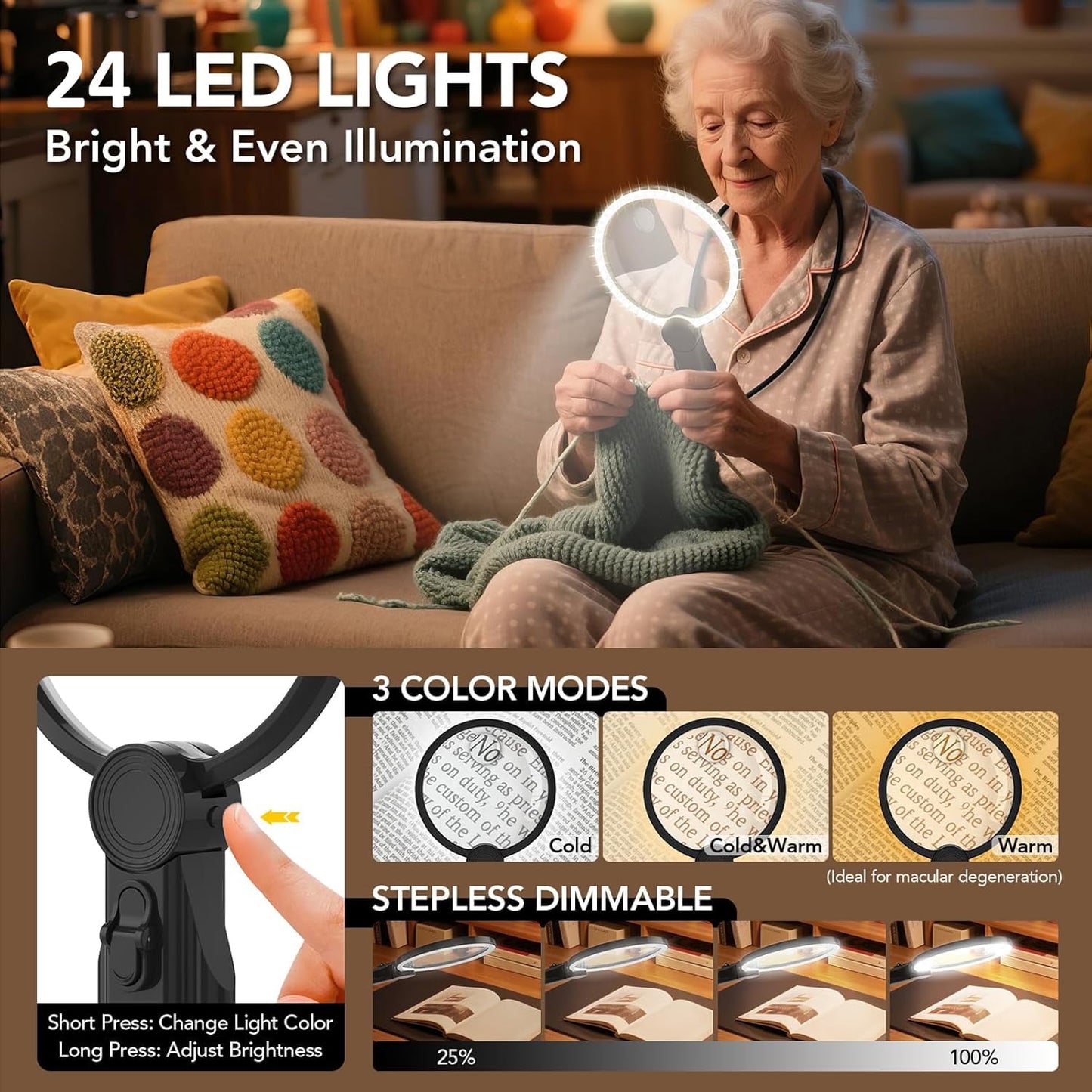 Hands Free Magnifying Glass with Light for Close Work, Reading, Sewing, Knitting, Magnifier for Seniors & Low Vision