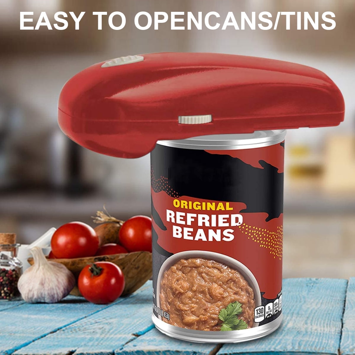 Electric Can Opener, Hands-Free, Smooth Edge, Battery Powered for All Round Cans, Red