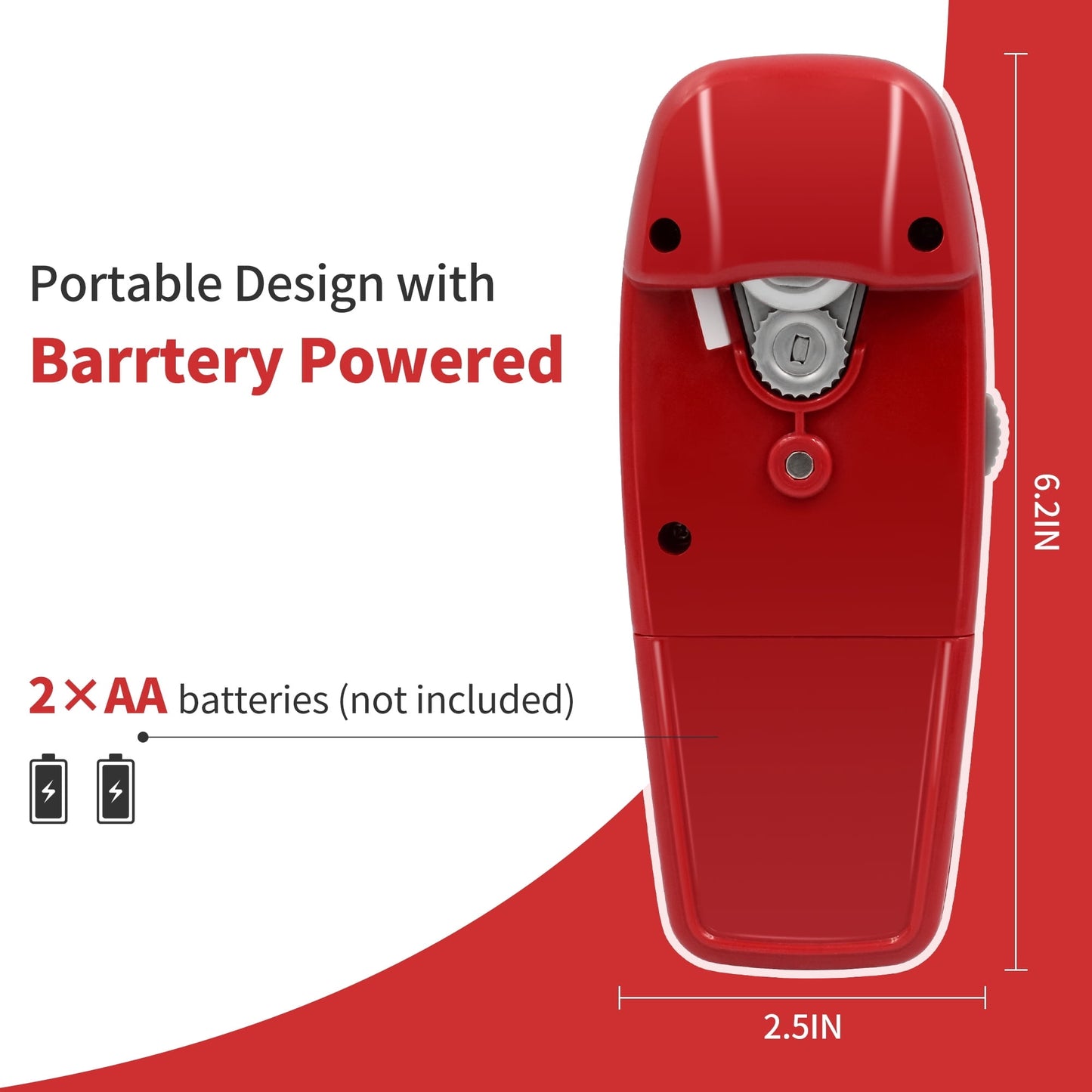Electric Can Opener, Hands-Free, Smooth Edge, Battery Powered for All Round Cans, Red