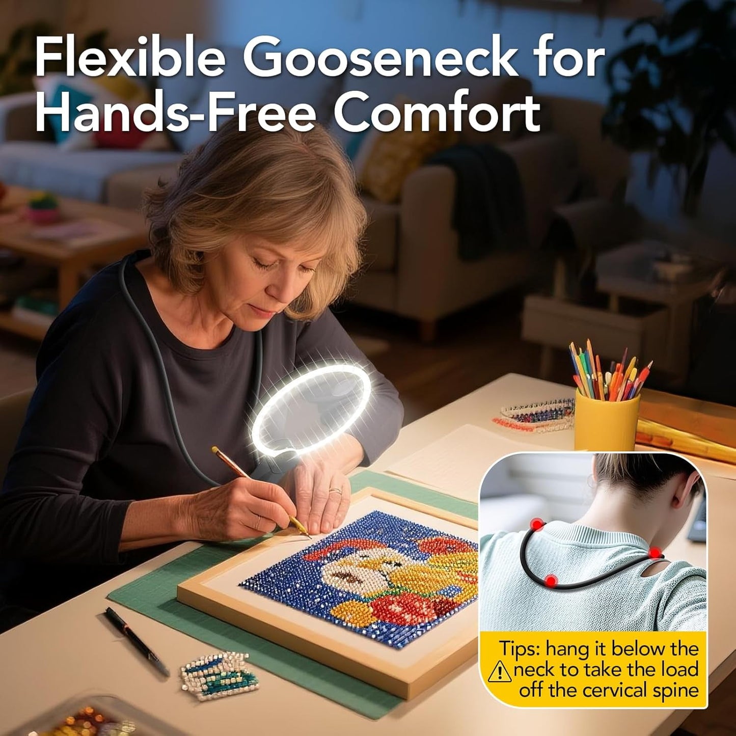 Hands Free Magnifying Glass with Light for Close Work, Reading, Sewing, Knitting, Magnifier for Seniors & Low Vision