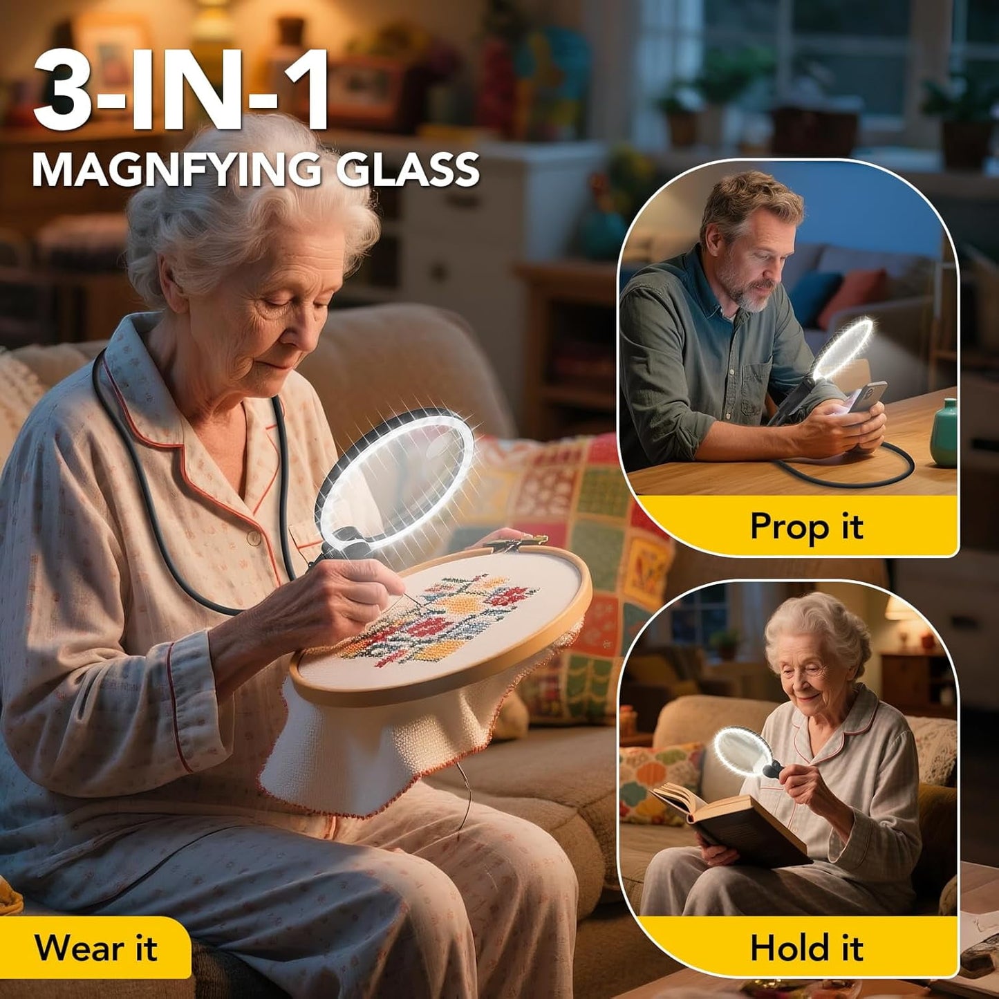 Hands Free Magnifying Glass with Light for Close Work, Reading, Sewing, Knitting, Magnifier for Seniors & Low Vision
