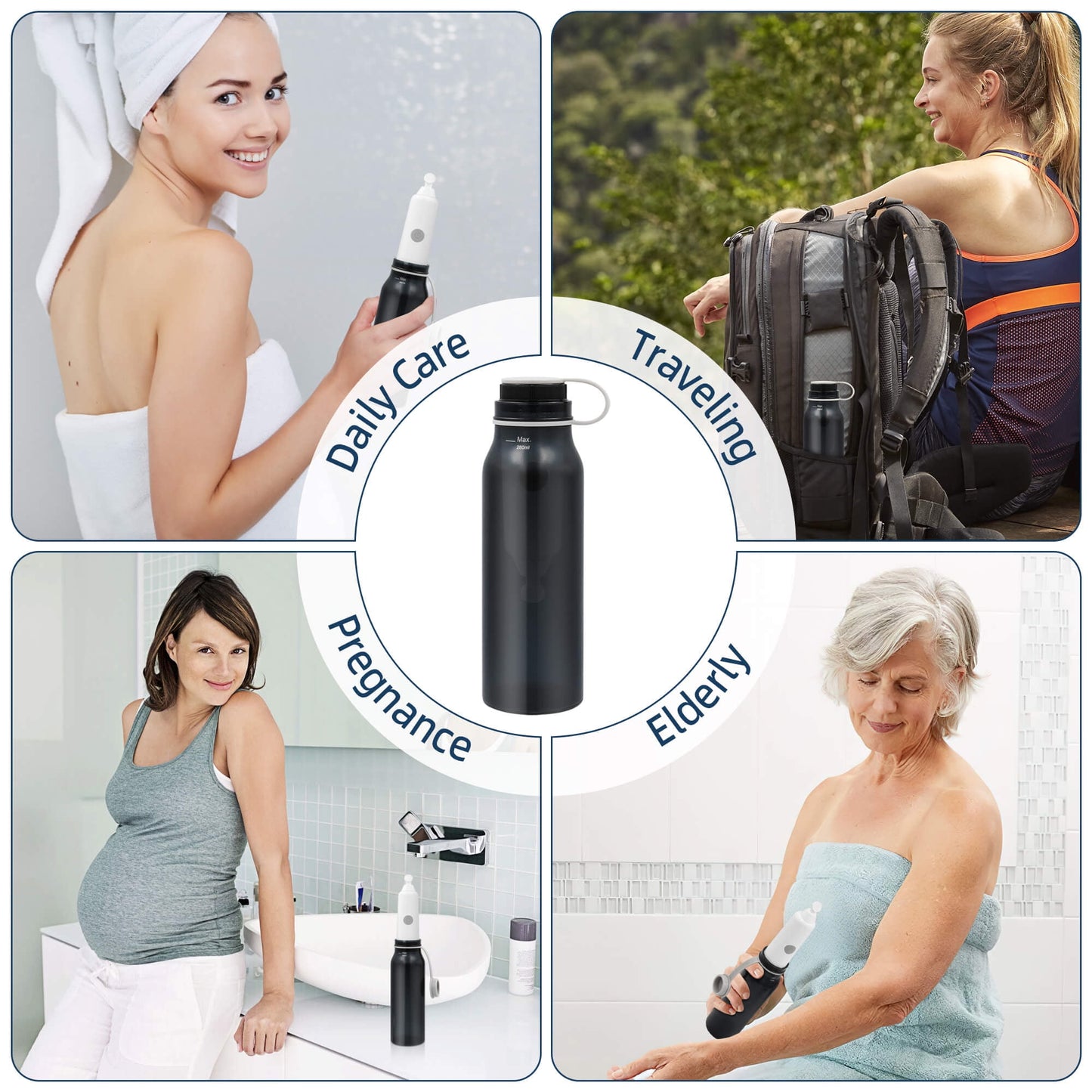 CreWear Portable Bidet for Travel, 280ML Large Capacity Rechargeable Handheld Personal Travel Bidet for Women Men Cleaning, Black