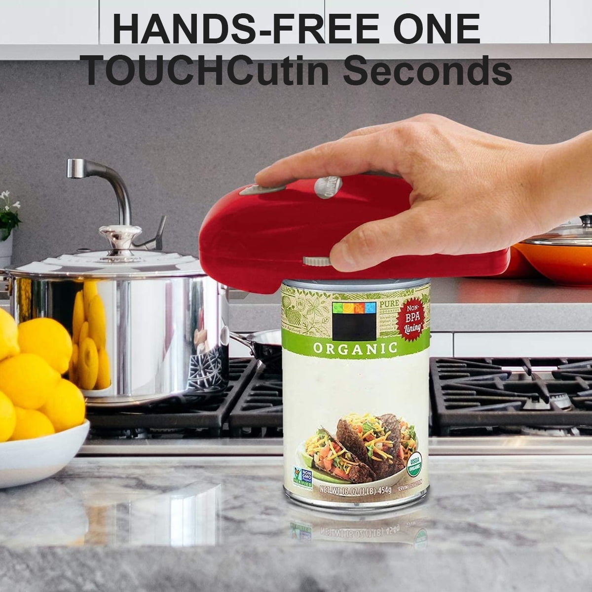 Electric Can Opener, Hands-Free, Smooth Edge, Battery Powered for All Round Cans, Red