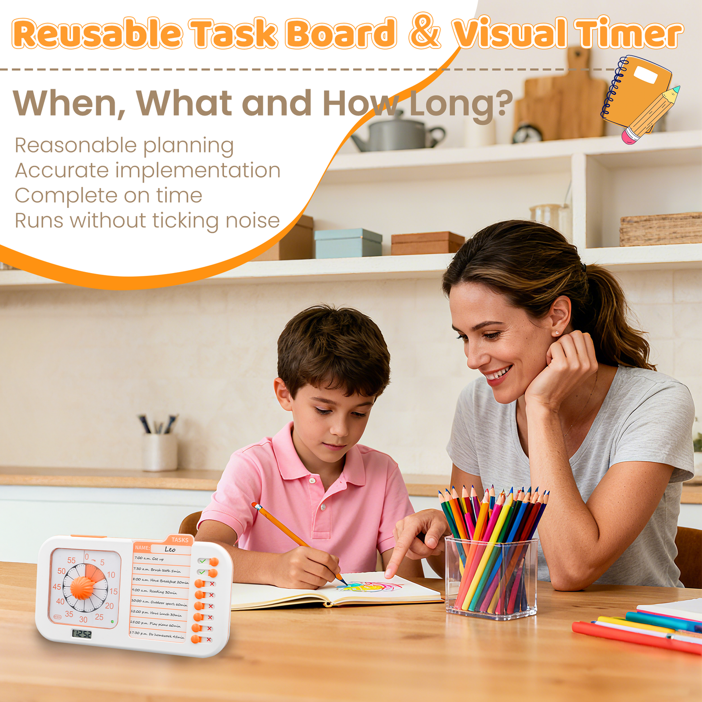 Chargeable Task Timer, to-do List with Visual Timer for Adults and Students, Daily Chore Board for Kids, 60-Minute Visual Timer for Classroom, Office and Home, Time Management Tool