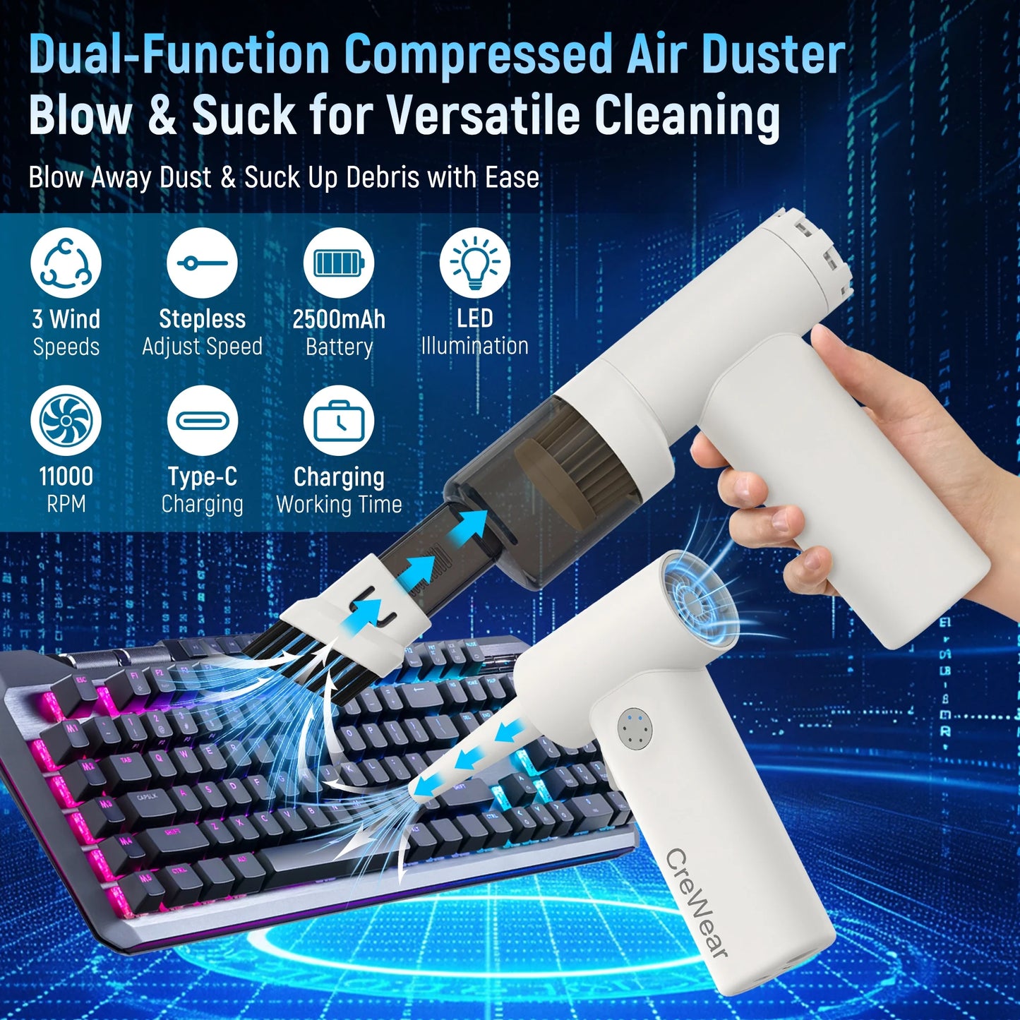 CreWear Compressed Air Duster 11000RPM Cordless Keyboard Air Cleaner for Electronics