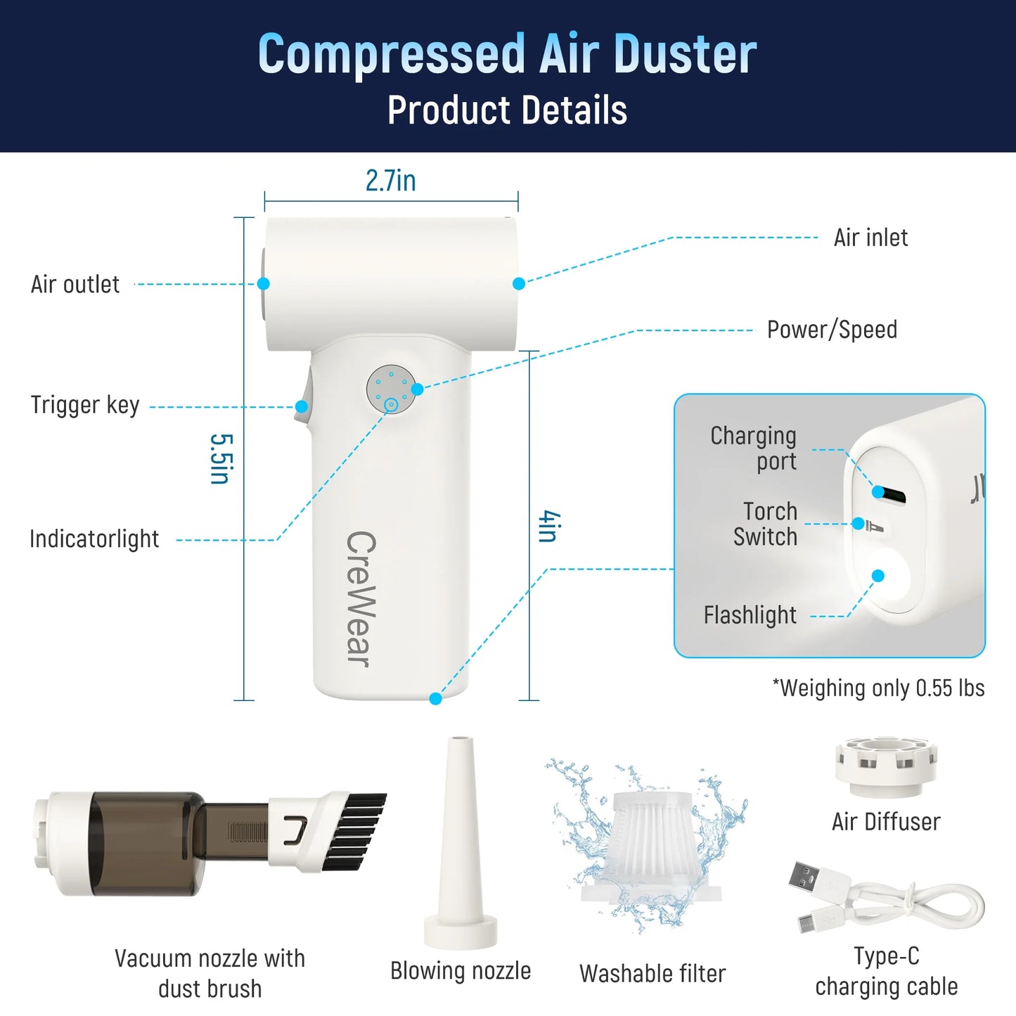 CreWear Compressed Air Duster 11000RPM Cordless Keyboard Air Cleaner for Electronics