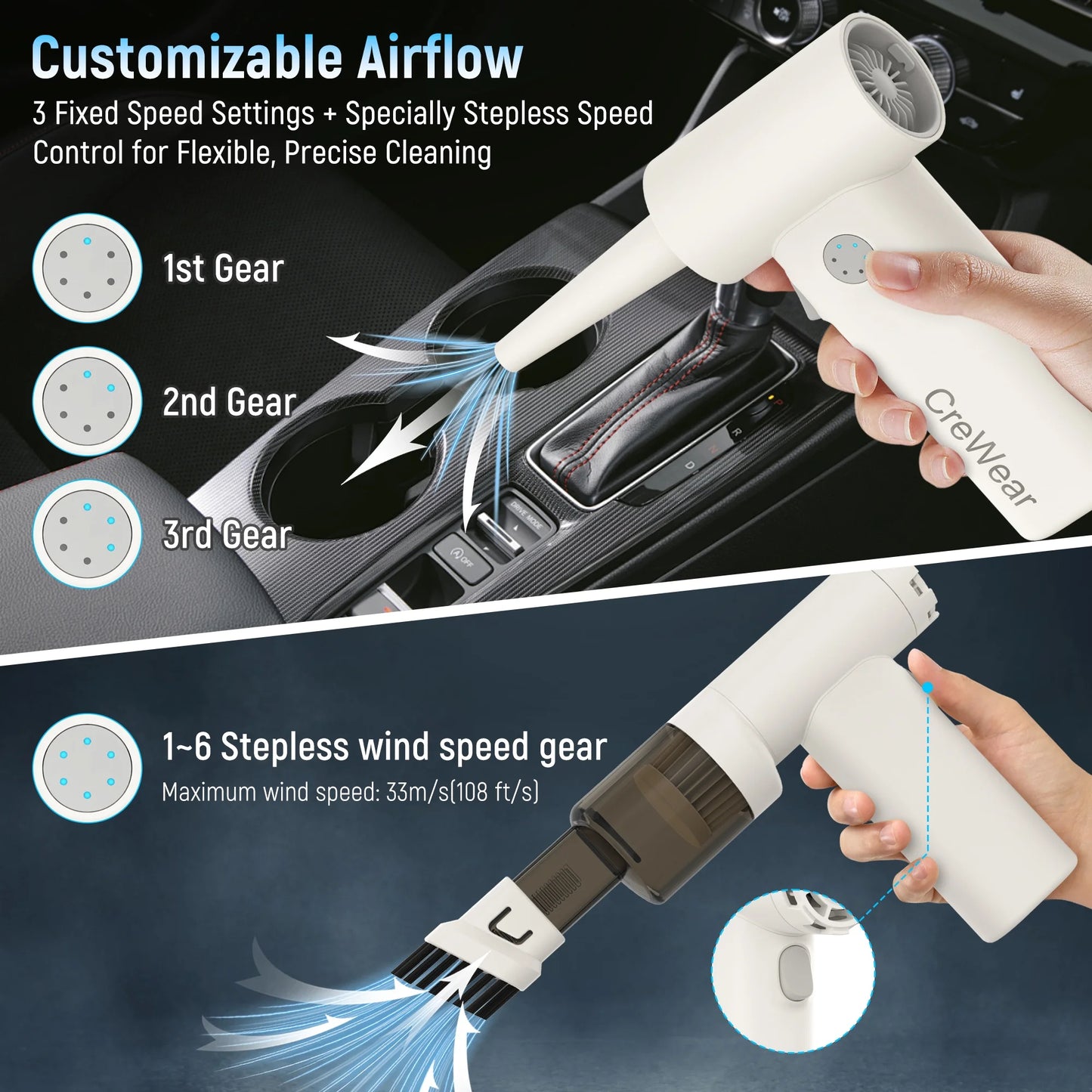 CreWear Compressed Air Duster 11000RPM Cordless Keyboard Air Cleaner for Electronics