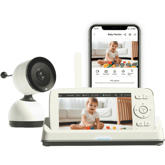 CreWear Wireless Indoor Camera with 5'' Portable Monitor, 1080P HD No-Glow Night Vision, Two-Way Audio, Smart Motion Alerts, Long Battery Life, Secure Cloud Storage Support