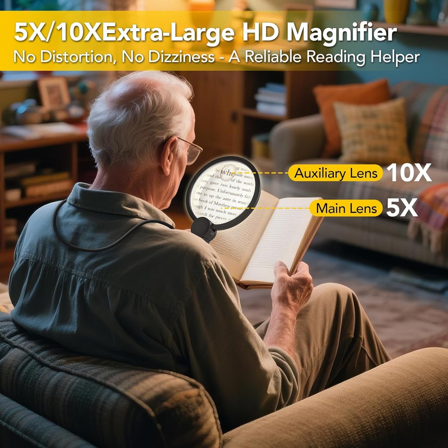 Hands Free Magnifying Glass with Light for Close Work, Reading, Sewing, Knitting, Magnifier for Seniors & Low Vision